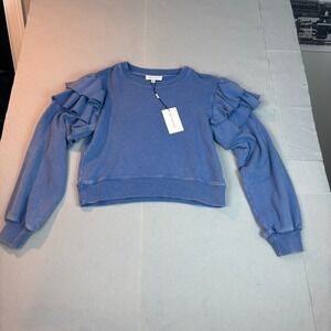 Something‎ Navy Womens Puff Sleeve Baby Blue Crop Sweatshirt Size Medium NWT